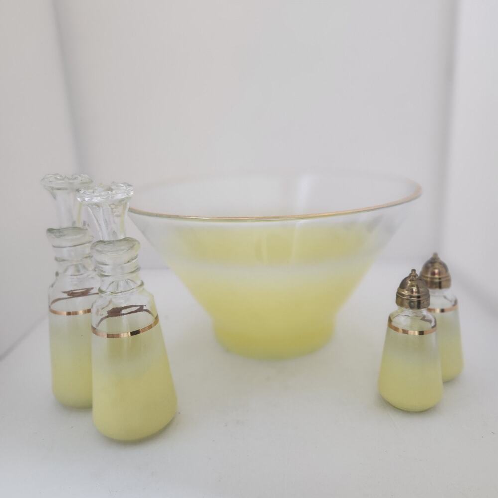 1950’s Vintage Anchor Hocking Yellow Blendo Set Salad Bowl Cruets Shakers